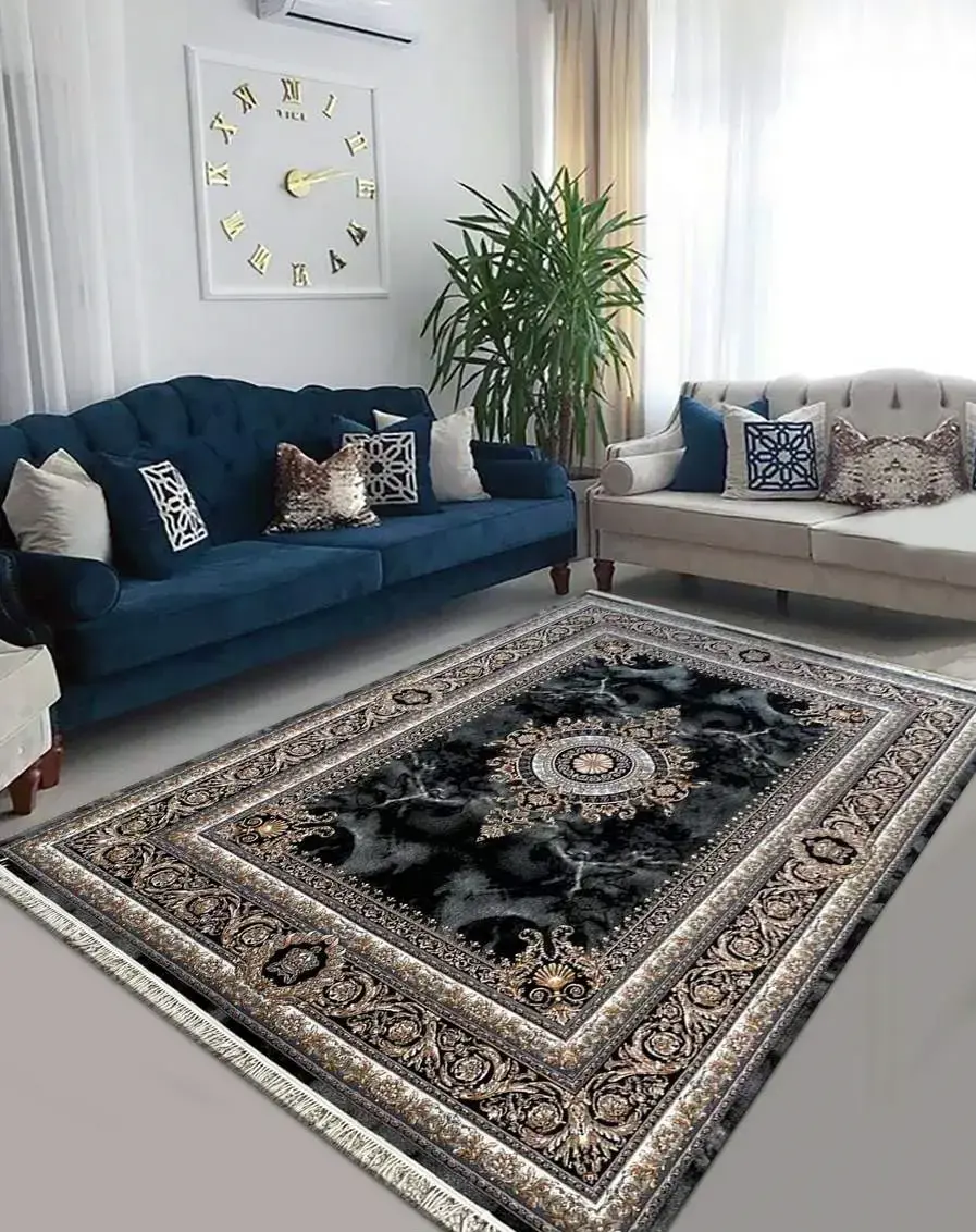  فرش ماشینی ژینوس سرمه ای 700 شانه مدرن طلاکوب ورژن - ارسال رایگان - 1