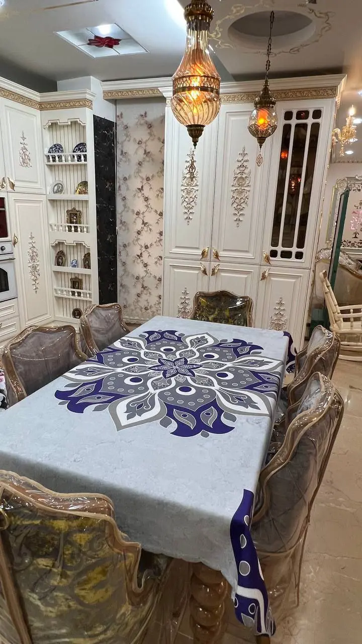 رومیزی مخمل شانل درجه یک ترکیب رنگ طوسی و آبی مدل B20061 - 1