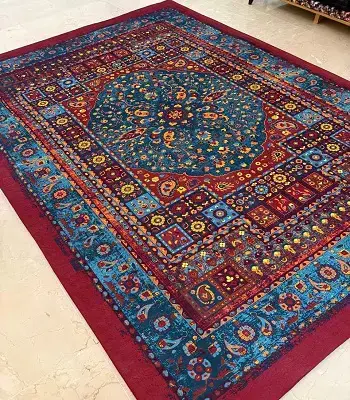 روفرشی کشدار لاکی فیروزه‌ای طرح فرش ماشینی B2608 - 1