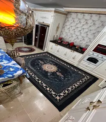 روفرشی کشدار طرح افشان B1713 - رنگ زمینه سرمه ای تیره با ترنج طلایی - 1
