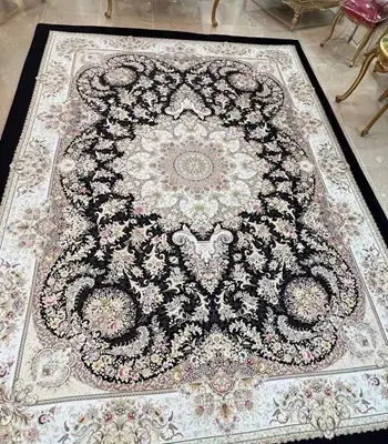 روفرشی کشدار طرح فرش اصیل تبریز کد B1695 - رنگ زمینه مشکی - 1