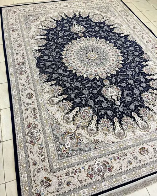 فرش دستباف‌گونه جدید 1500 شانه طرح روژان سرمه‌ای – ارسال رایگان - 1