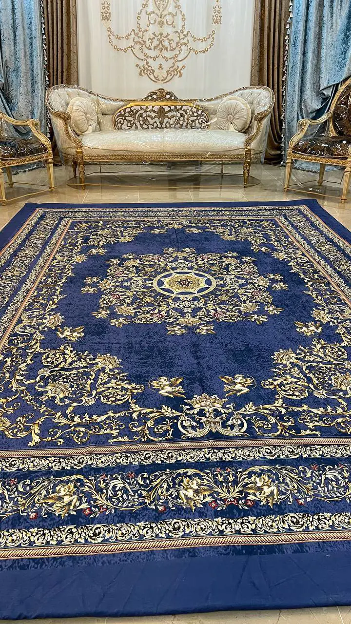 روفرشی کشدار طرح کلاسیک کد B2343 - زمینه آبی و طلایی - 1