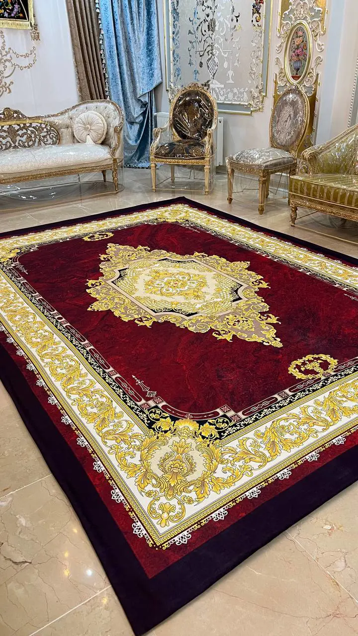 روفرشی کشدار طرح ترنج کد B2341 - زمینه زرشکی و لاکی و طلایی - 1