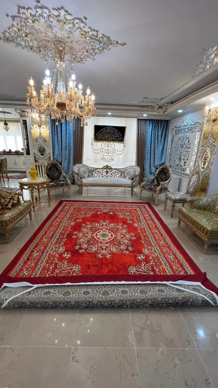 روفرشی کشدار طرح ترنج کد B2345 - زمینه آتیشی و لاکی - 1