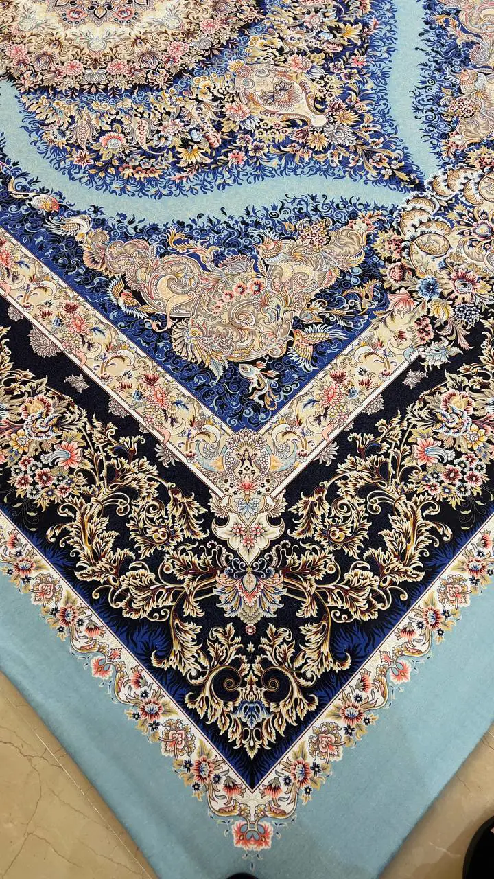 روفرشی کشدار طرح تبریز کد B1880 - زمینه آبی و سرمه‌ای - 1
