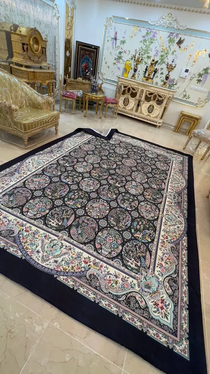 روفرشی کشدار طرح شکارگاه کد B1877 - زمینه سرمه‌ای - 1