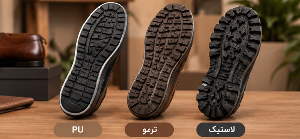 مقایسه انواع زیره کفش چرم مردانه شامل زیره PU، ترمو و لاستیکی